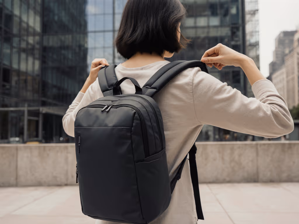 woman_with_backpack_testing_shoulder_straps_urban_setting