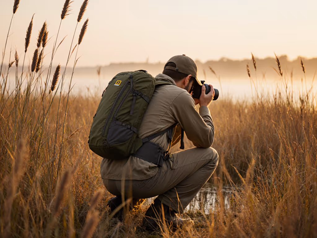 photographer_crouching_with_compact_backpack_in_golden-hour_wetlands